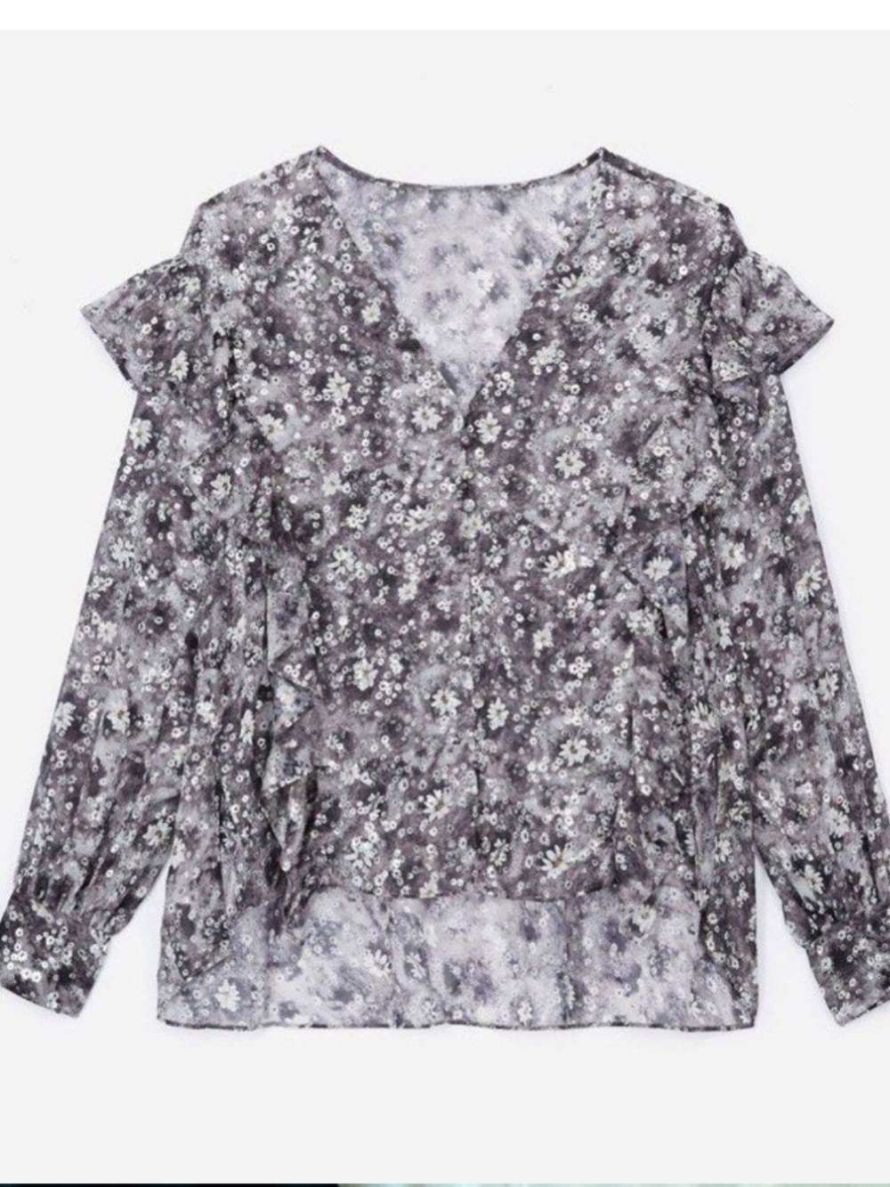 The Kooples Ruffle Metallic Floral Blouse Sz L (4) Dark Romance Whimsigoth Fairy